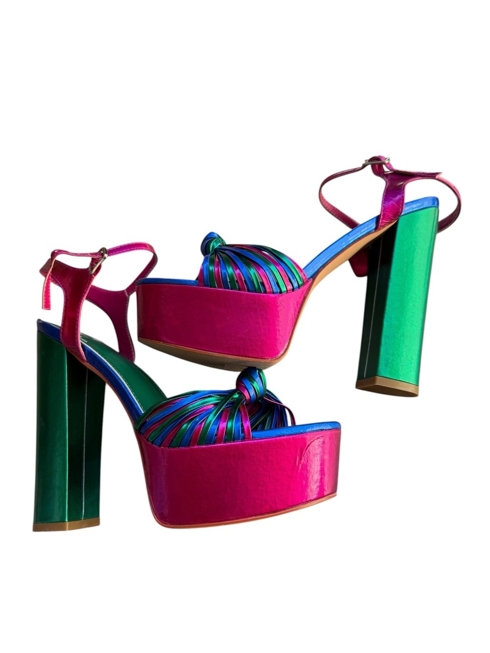 Azalea Wang Metallic Pink Teal Platform Block Heel Sandals Size 7 - Picture 4 of 9